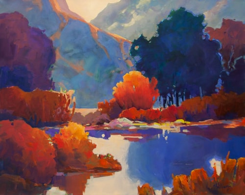 contemporary landscape painting of a mountain lake in autumn by Sharon Lynn Williams