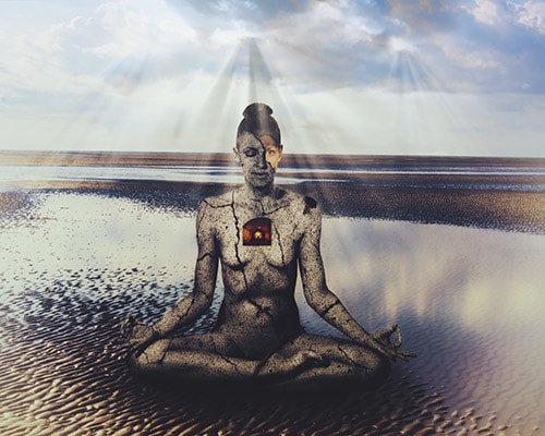 digital photo art of a woman on the beach in a lotus position by Jennifer Gleason