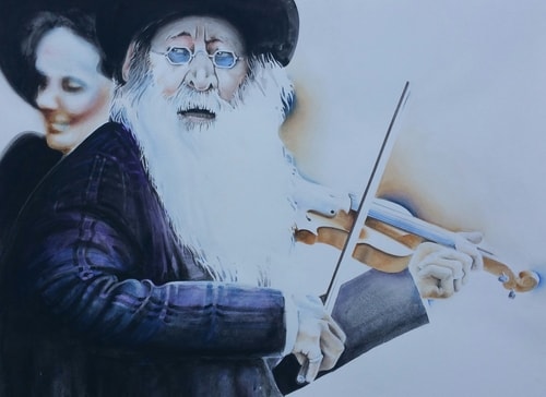 watercolor of a Jewish street fiddler by Telagio Baptista