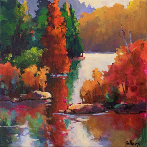 contemporary landscape painting of fall trees around a lake by Sharon Lynn Williams
