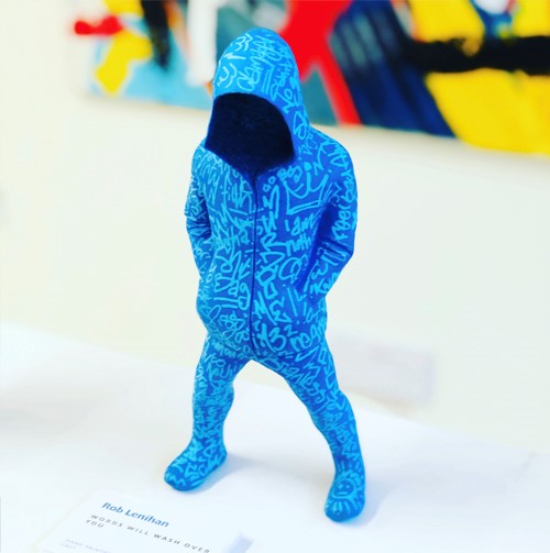 blue hoodied standing figuratuve sculpture by Rob Lenihan