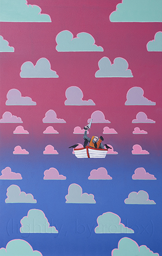 painting of a boat with figures in the clouds by Joshua Chambers