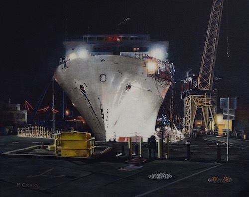 painting of a ship in dock by Ron Craig