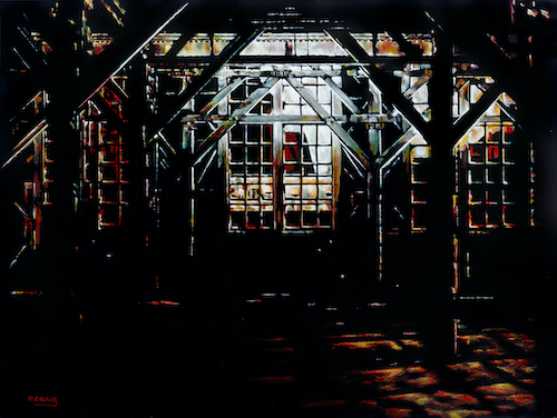 painting of the interior of a darkened building by Ron Craig