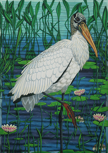 life sized hand painted etching of a Woodstork by John Costinching (3 plates), 24" x 34" (depicted life size)
