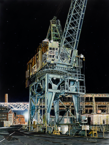 painting of a decommissioned crane by Ron Craig