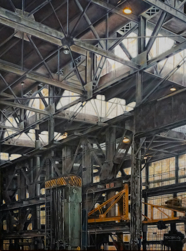 painting of the interior of a shipbuilding yard by Ron Craig
