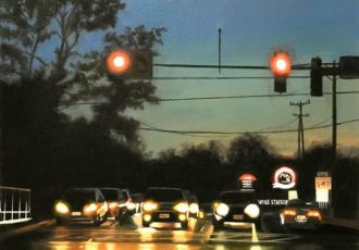 painting of a city street scene at dusk by Paola Luther