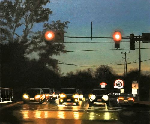 painting of a city street scene at dusk by Paola Luther
