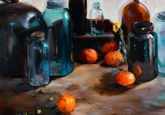 oil still life of clementines and bottles by Alice Hauser