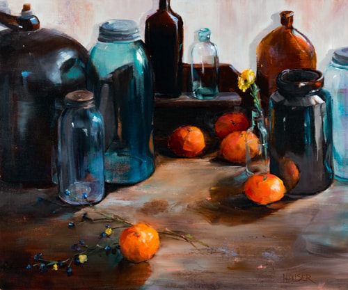 oil still life of clementines and bottles by Alice Hauser