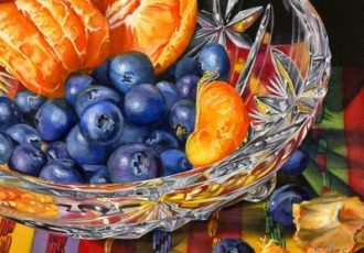 watercolor of clementines and blueberries in a crystal bowl by Debbie Bakker