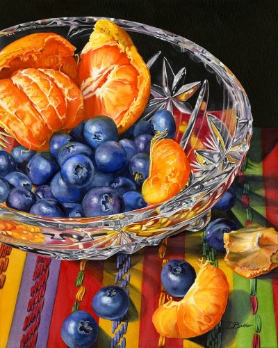 watercolor of clementines and blueberries in a crystal bowl by Debbie Bakker