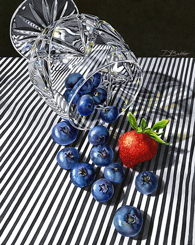 still life watercolor of blueberries laying on a table by Debbie Bakker