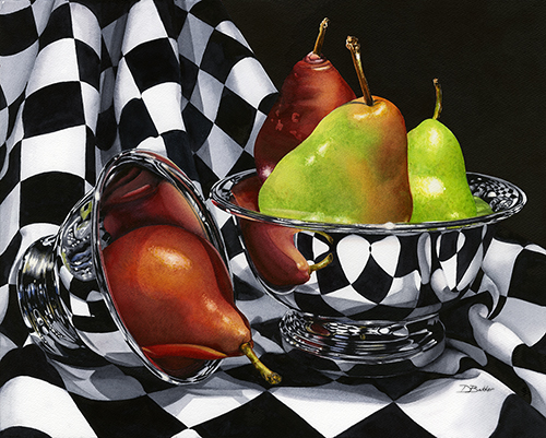 still life of pears in a silver bowl against a checked tablecloth by Debbie Bakker