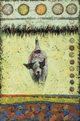 abstract dog image in oil and cold wax by Sudie Rakusin