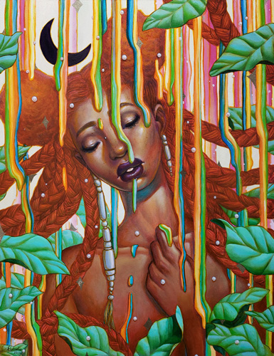 mixed media painting of a woman in the forest by Ejiwa Ebenebe