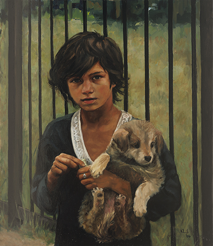 painted portrait of a Gypsy boy with a dog by Krista Lee Johnson