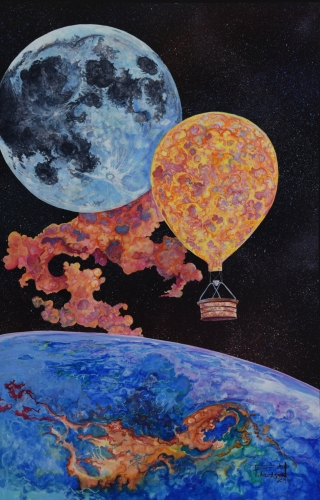 painting of a hot air balloon over the earth by Peter Addison
