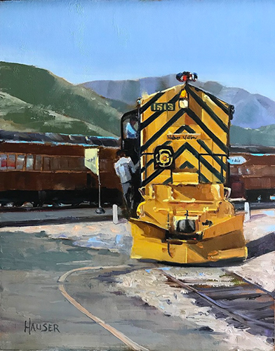 oil landscape of a train yard by Alice Hauser