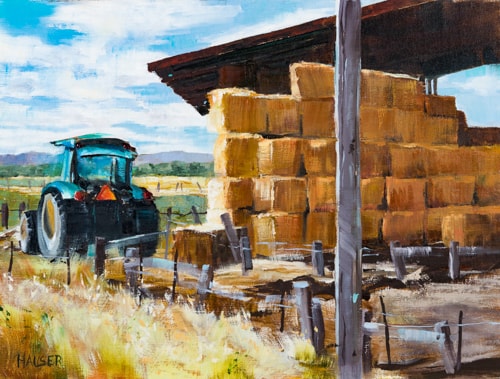 oil landscape with a tractor and hay shed by Alice Hauser