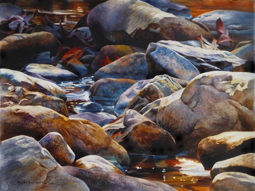 watercolor of a rock strewn river by Monika Pate