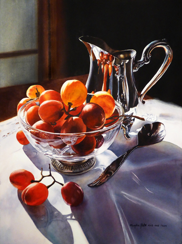 watercolor of grapes in a glass bowl by Monika Pate