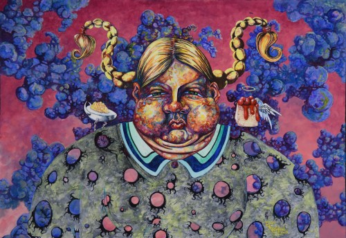 painting of a fat woman with food by Peter Addison