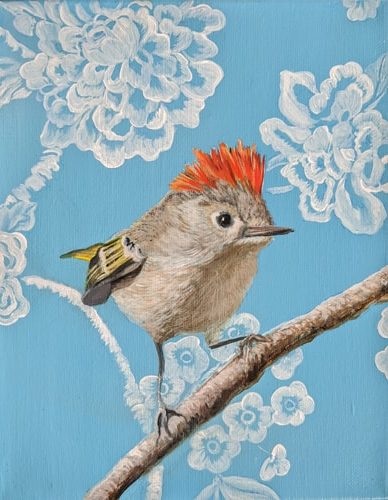 painting of a Ruby Crowned Kinglet by Sabra Crockett