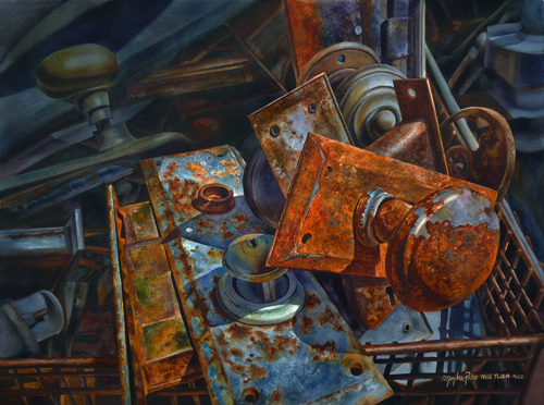 watercolor of a pile of rusty doorknobs by Monika Pate