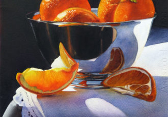 watercolor of oranges in a silver bowl by Monika Pate