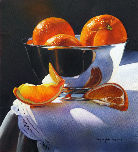 watercolor of oranges in a silver bowl by Monika Pate