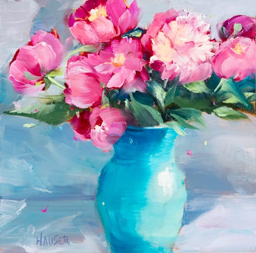 oil of pink peonies in an aqua vase by Alice Hauser