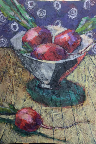 collage still life of radishesin a bowl by Sudie Rakusin