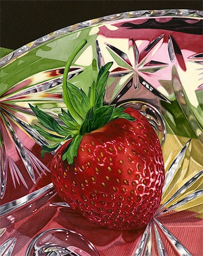 watercolor of a strawberry in a crystal bowl by Debbie Bakker