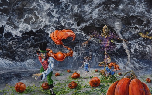 painting of ghosts in a pumpkin patch by Peter Addison