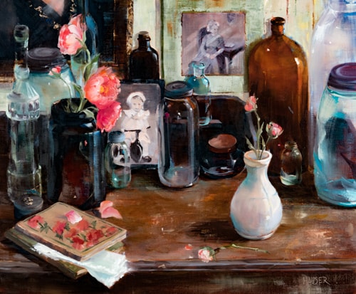 oil still life of flowers, books and vases by Alice Hauser