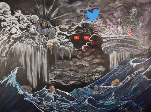 painting featuring social media as The Four Horsemen by Peter Addison
