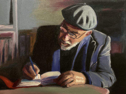 painting of an old man writing poetry by Paola Luther