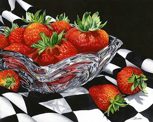 still life watercolor of a crystal bowl filled with strawberries by Debbie Bakker