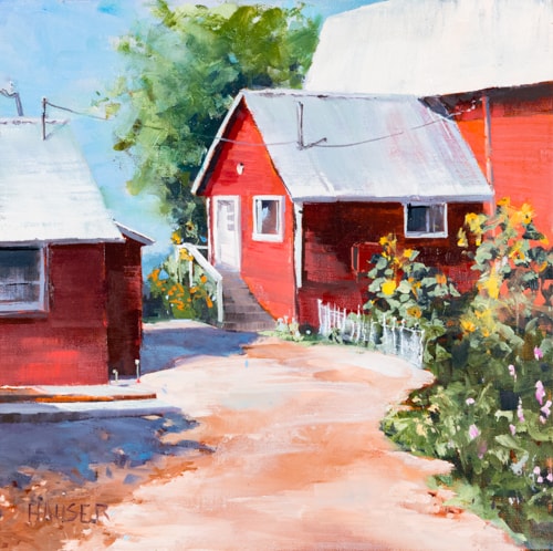 oil landscape of a red house with sunflowers by Alice Hauser