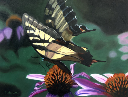 painting of a Swallotail butterfly on a flower by Paola Luther