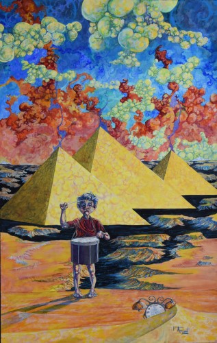 painting of an old man beating a drum in front of the Giza pyramids by Peter Addison