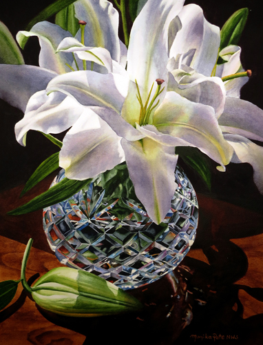 watercolor of white lilies in a crystal vase by Monika Pate