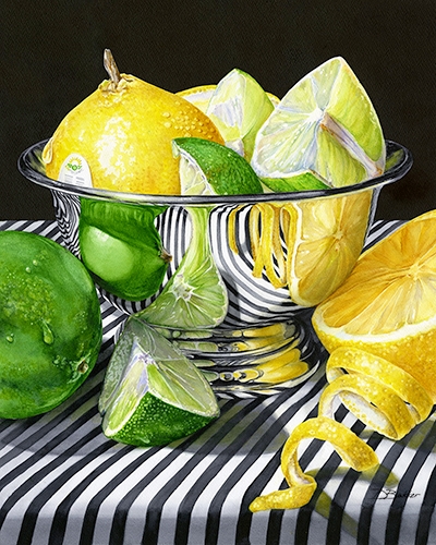 still life watercolor of a silver bowl of limes and lemons by Debbie Bakker