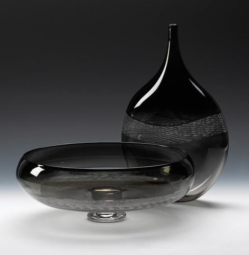 smokey grey blown glass teardrop base and pedestal bowl by Jake Pfeifer