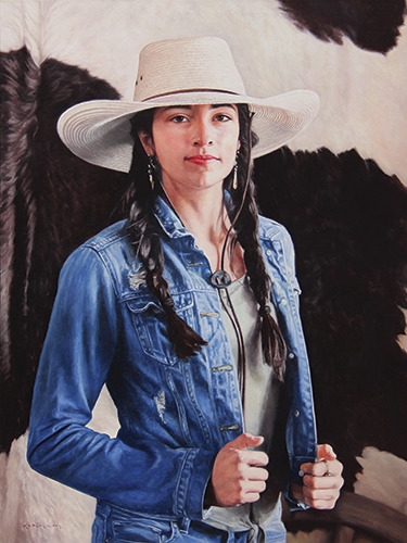 painting of a cowgirl with braids by Francisco Rodriguez