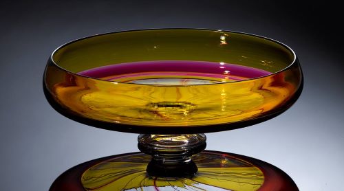 pink and gold blown glass bowl by Jake Pfeifer