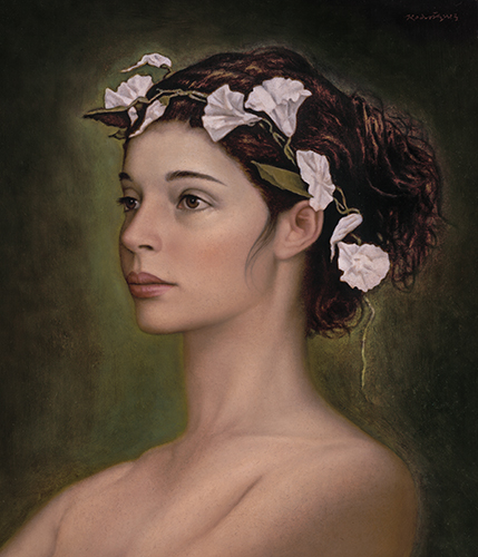 painting of a woman with a floral wreath in her hair by Francisco Rodriguez