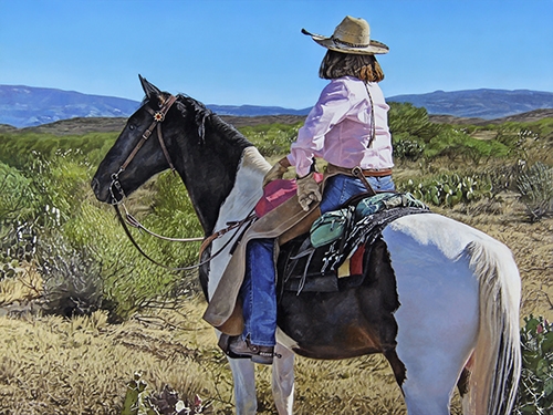 painting of a woman on horseback in the Southwest by Francisco Rodriguez